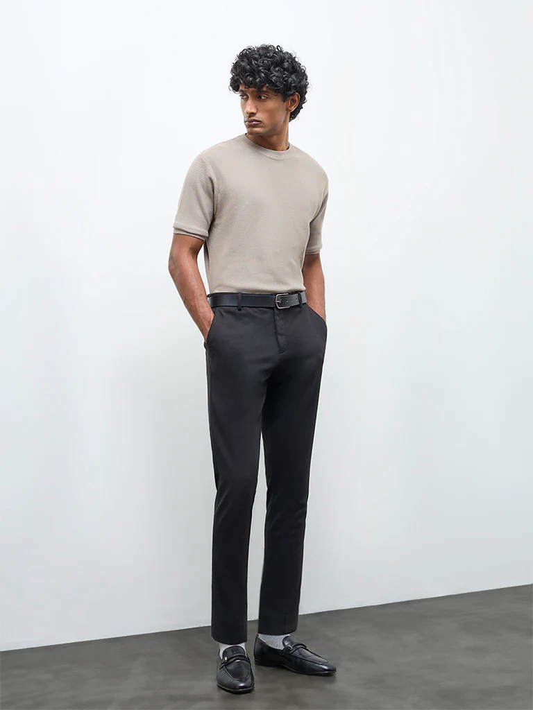 WES Formals Taupe Knitted Slim-Fit T-Shirt - Image 3