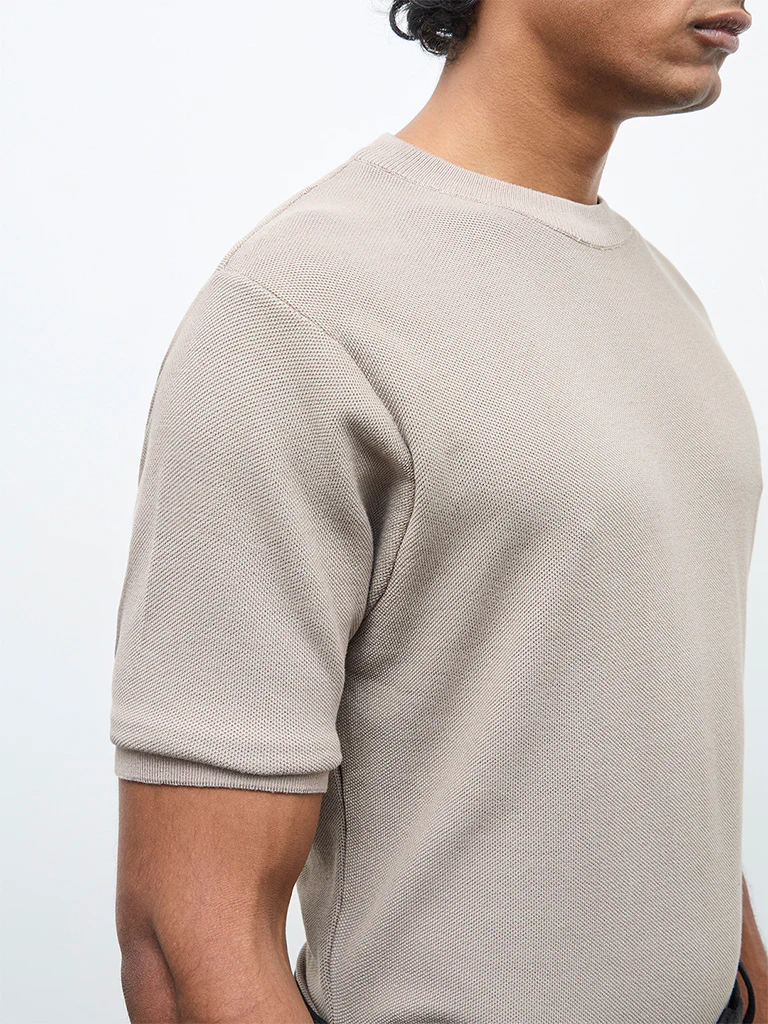 WES Formals Taupe Knitted Slim-Fit T-Shirt - Image 4