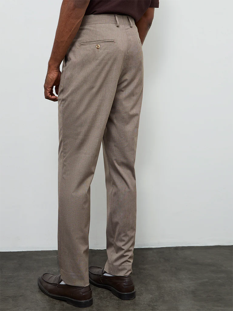 WES Formals Taupe Solid Relaxed-Fit Mid-Rise Trousers - Image 4