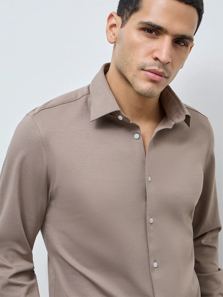 WES Formals Taupe Solid Slim-Fit Cotton-Blend Shirt - Image 4