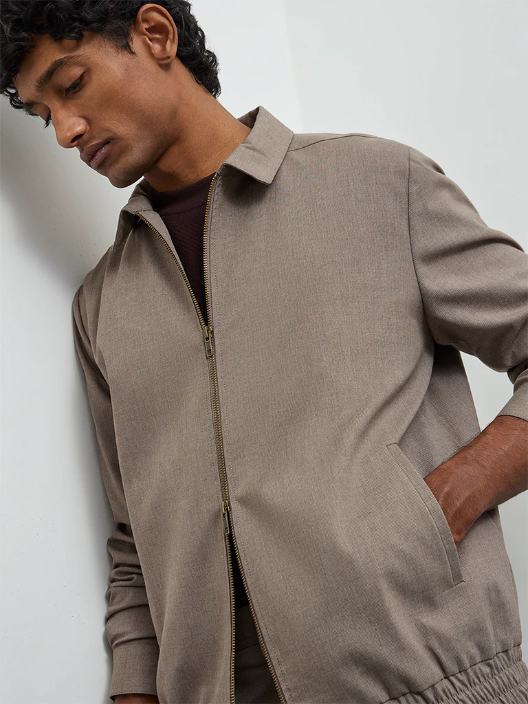 WES Formals Taupe Solid Slim-Fit Cotton Jacket - Image 3