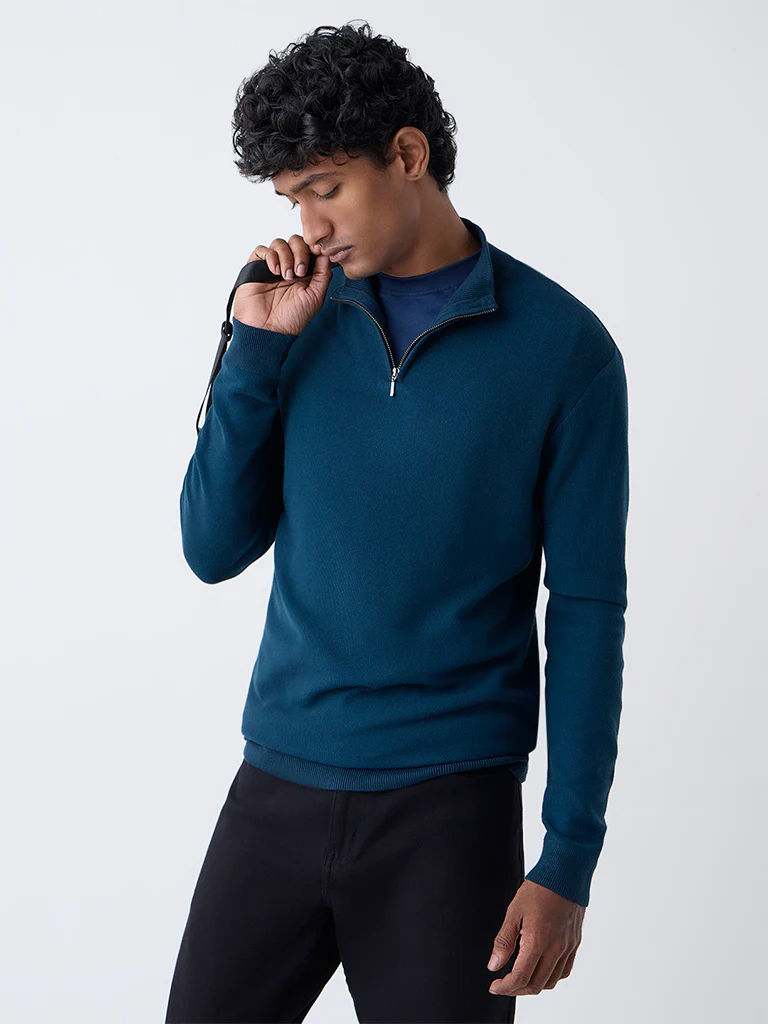 WES Formals Teal Knit-Textured Slim-Fit Quarter Zip Sweater