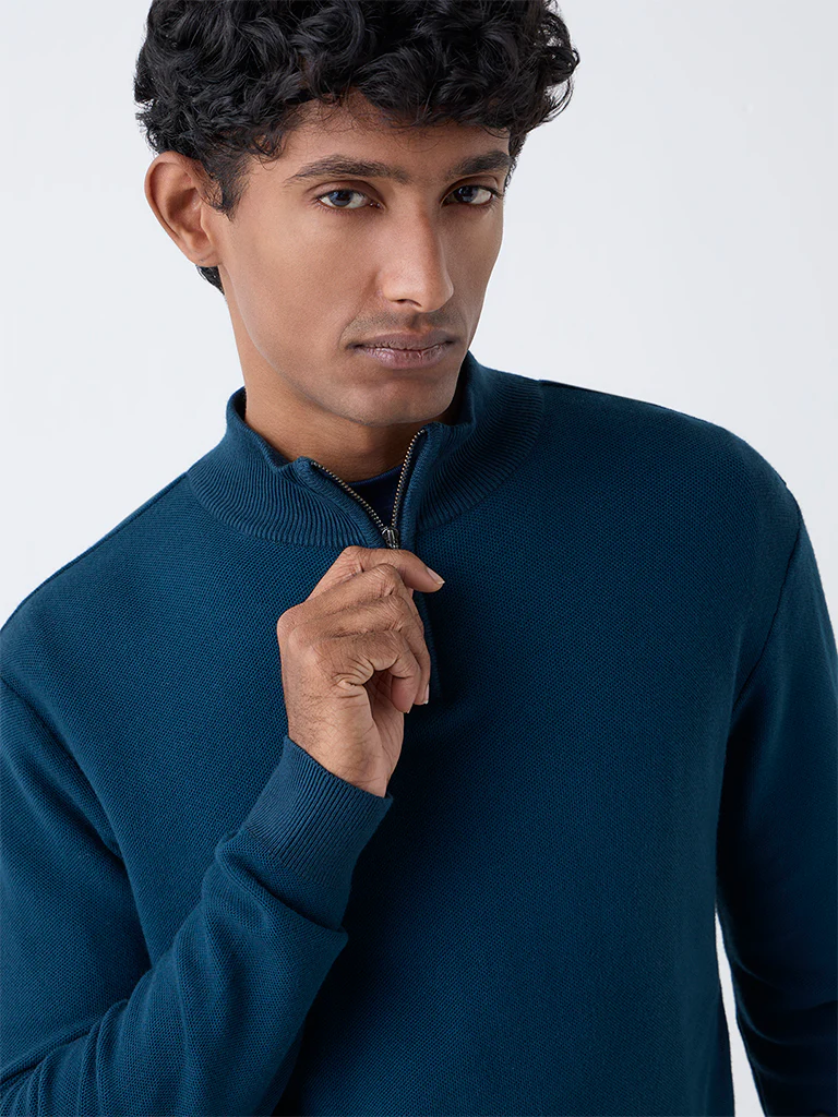 WES Formals Teal Knit-Textured Slim-Fit Quarter Zip Sweater - Image 3