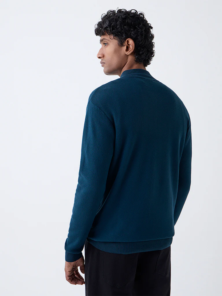 WES Formals Teal Knit-Textured Slim-Fit Quarter Zip Sweater - Image 5