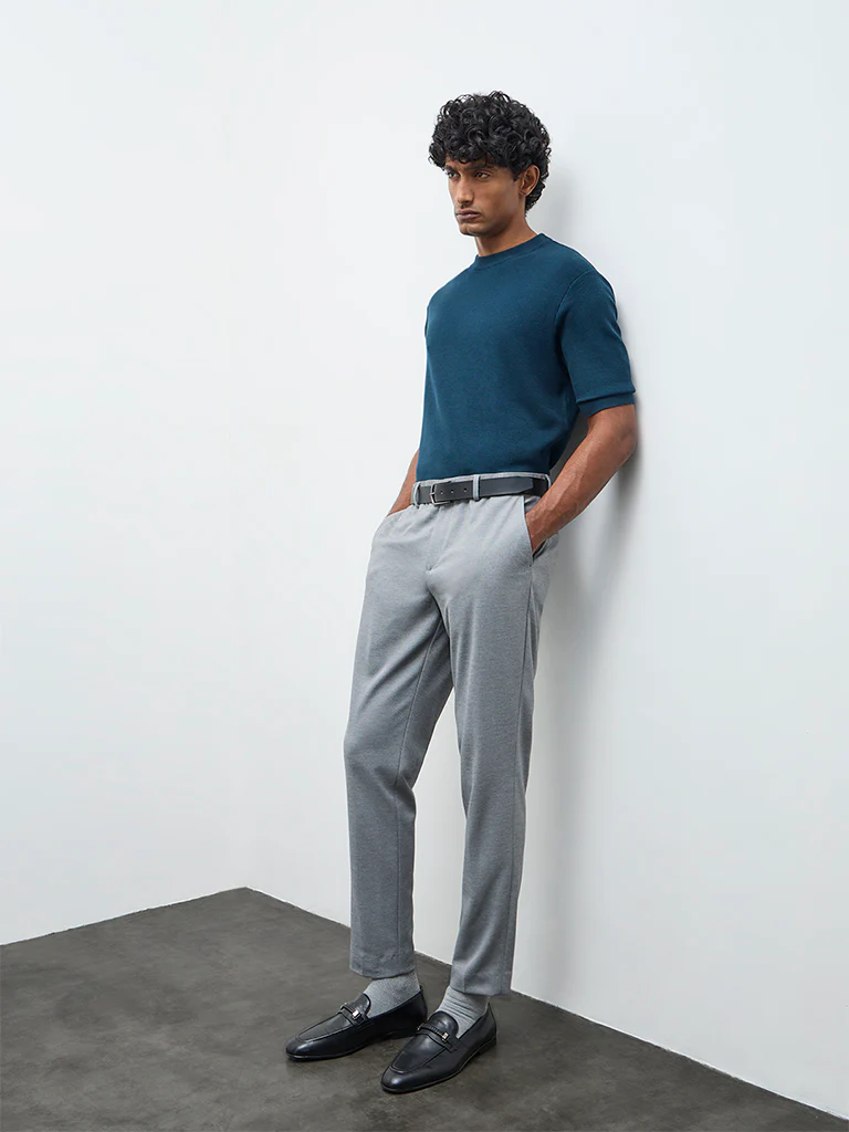 WES Formals Teal Knitted Slim-Fit T-Shirt - Image 3