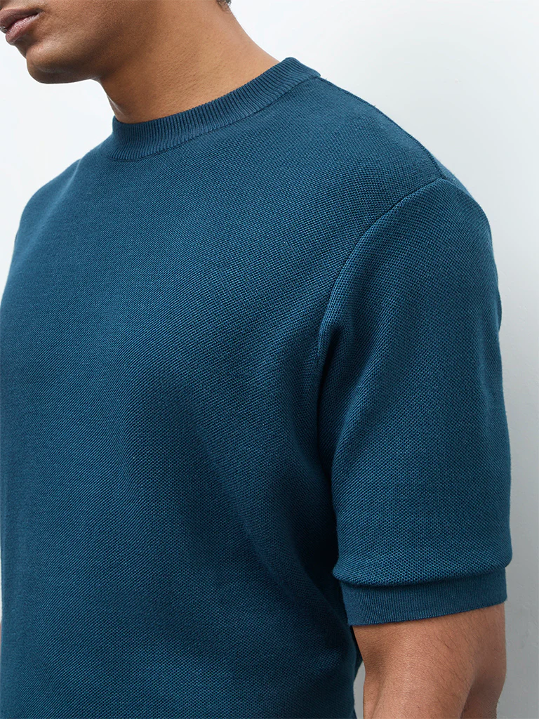 WES Formals Teal Knitted Slim-Fit T-Shirt - Image 4