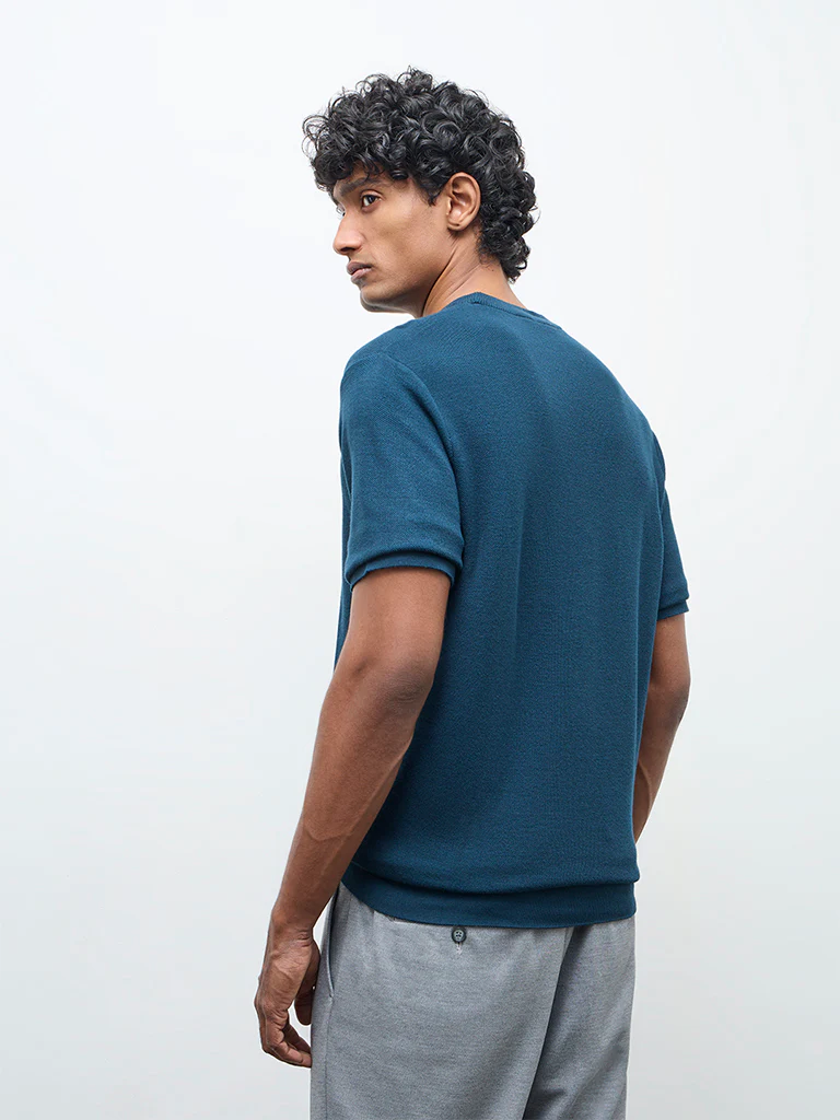 WES Formals Teal Knitted Slim-Fit T-Shirt - Image 5