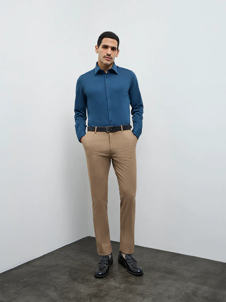 WES Formals Teal Solid Slim-Fit Cotton-Blend Shirt - Image 3