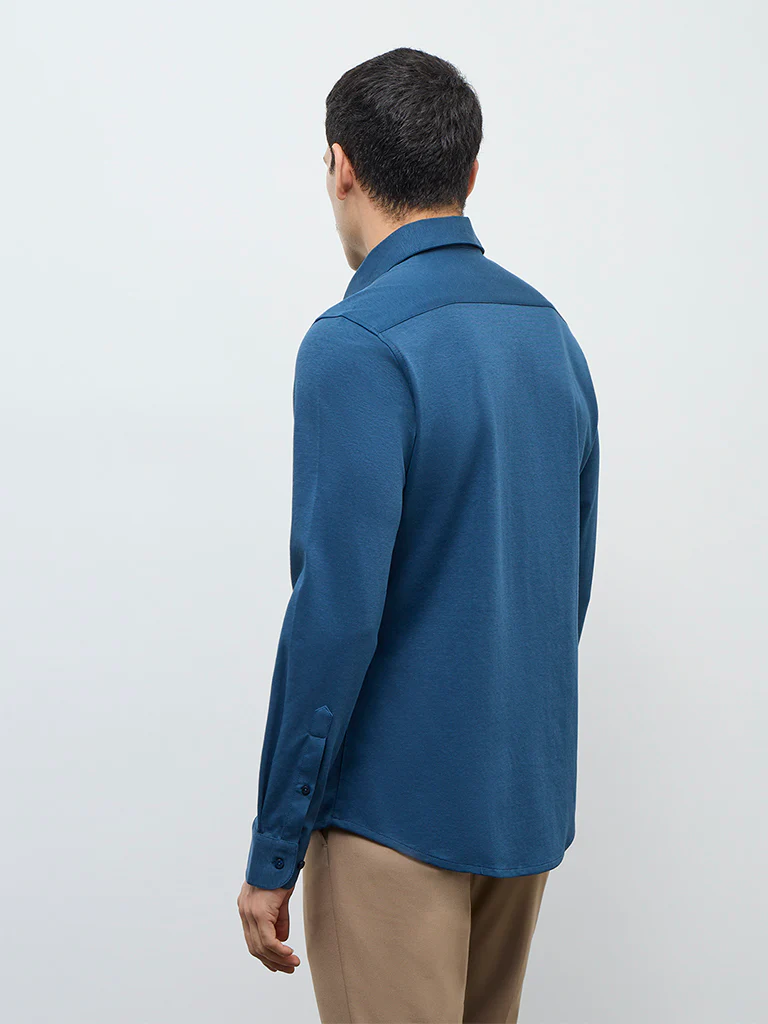 WES Formals Teal Solid Slim-Fit Cotton-Blend Shirt - Image 5