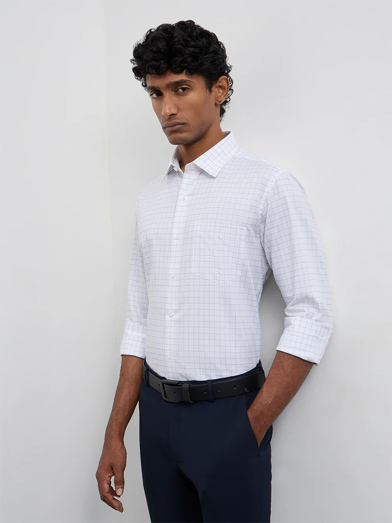 WES Formals White Checkered Slim-Fit Cotton Shirt - Image 2