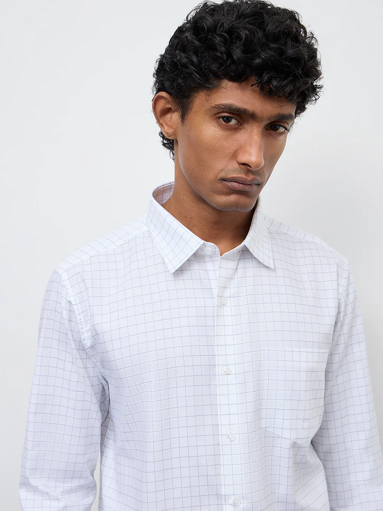 WES Formals White Checkered Slim-Fit Cotton Shirt - Image 3