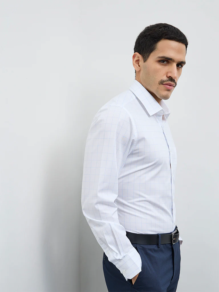 WES Formals White Checkered Slim-Fit Cotton Shirt - Image 2