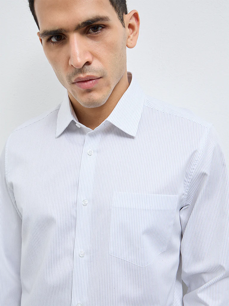 WES Formals White Pinstriped Slim-Fit Cotton Shirt - Image 3