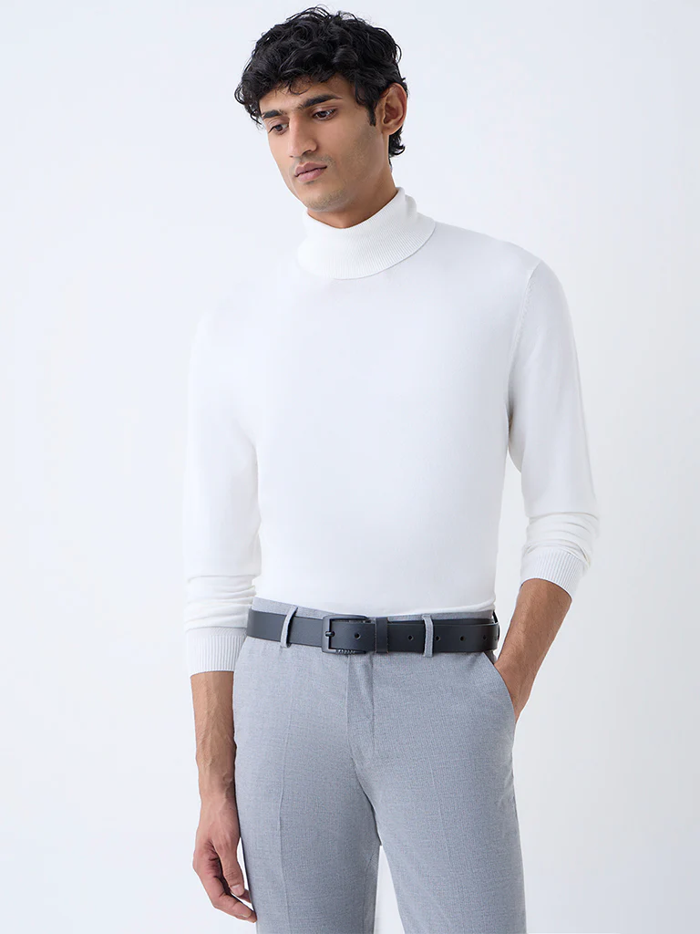 WES Formals White Slim-Fit Turtleneck Sweater