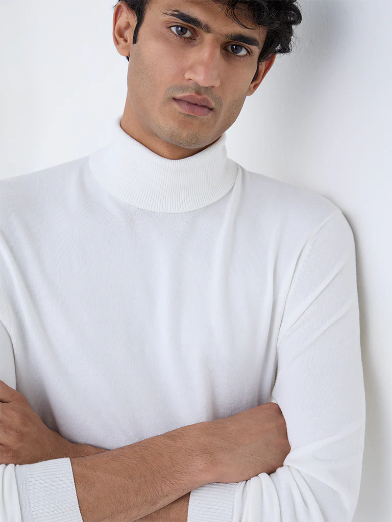 WES Formals White Slim-Fit Turtleneck Sweater - Image 4