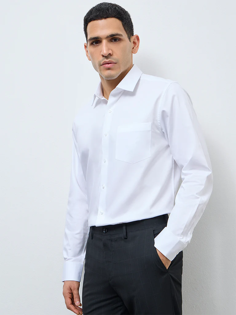 WES Formals White Solid Slim-Fit Cotton Shirt - Image 2