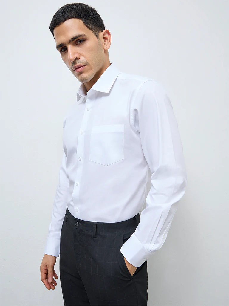 WES Formals White Solid Slim-Fit Cotton Shirt - Image 2