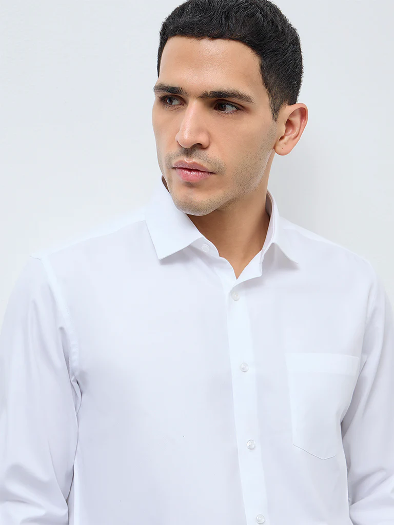 WES Formals White Solid Slim-Fit Cotton Shirt - Image 3