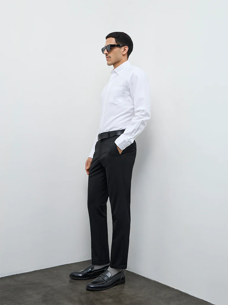 WES Formals White Solid Slim-Fit Cotton Shirt - Image 2