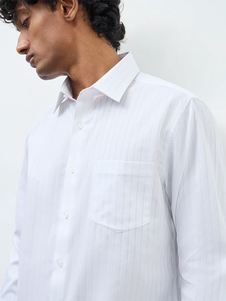WES Formals White Striped Slim-Fit Cotton Shirt - Image 3