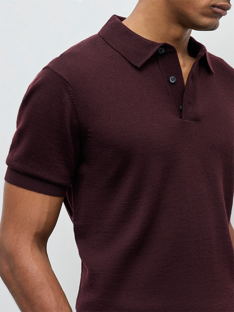 WES Formals Wine Knit-Textured Relaxed-Fit Polo T-Shirt - Image 4