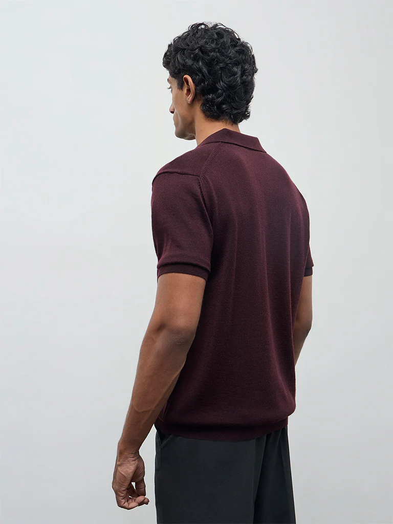 WES Formals Wine Knit-Textured Relaxed-Fit Polo T-Shirt - Image 5