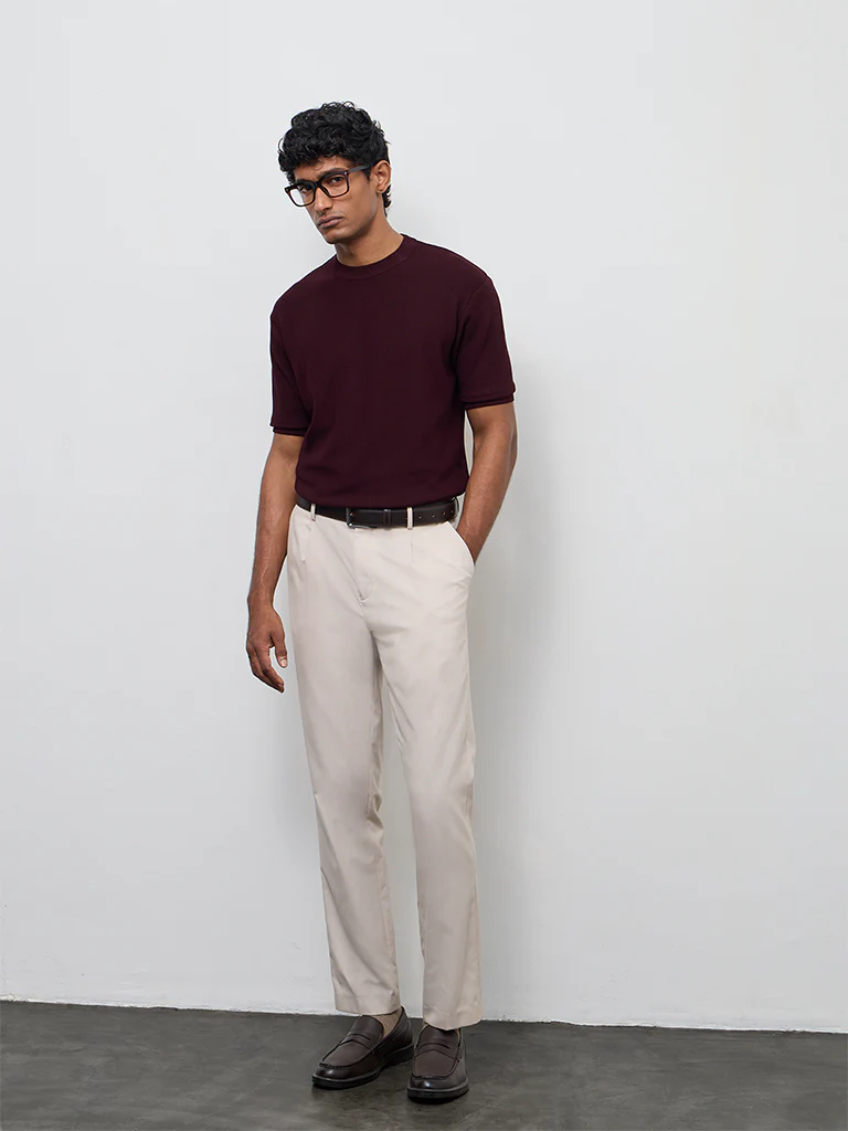 WES Formals Wine Knit-Textured Slim-Fit T-Shirt - Image 3