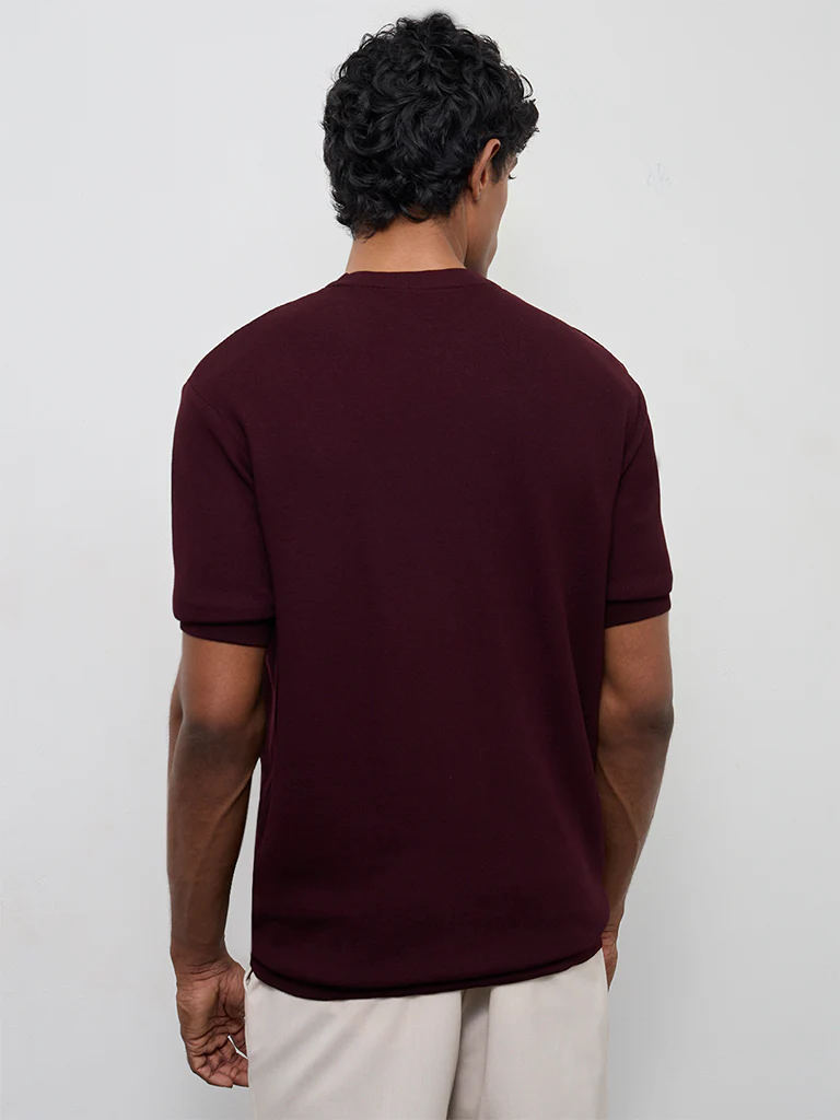 WES Formals Wine Knit-Textured Slim-Fit T-Shirt - Image 5