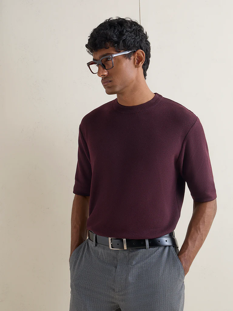 WES Formals Wine Knitted Slim-Fit T-Shirt - Image 2