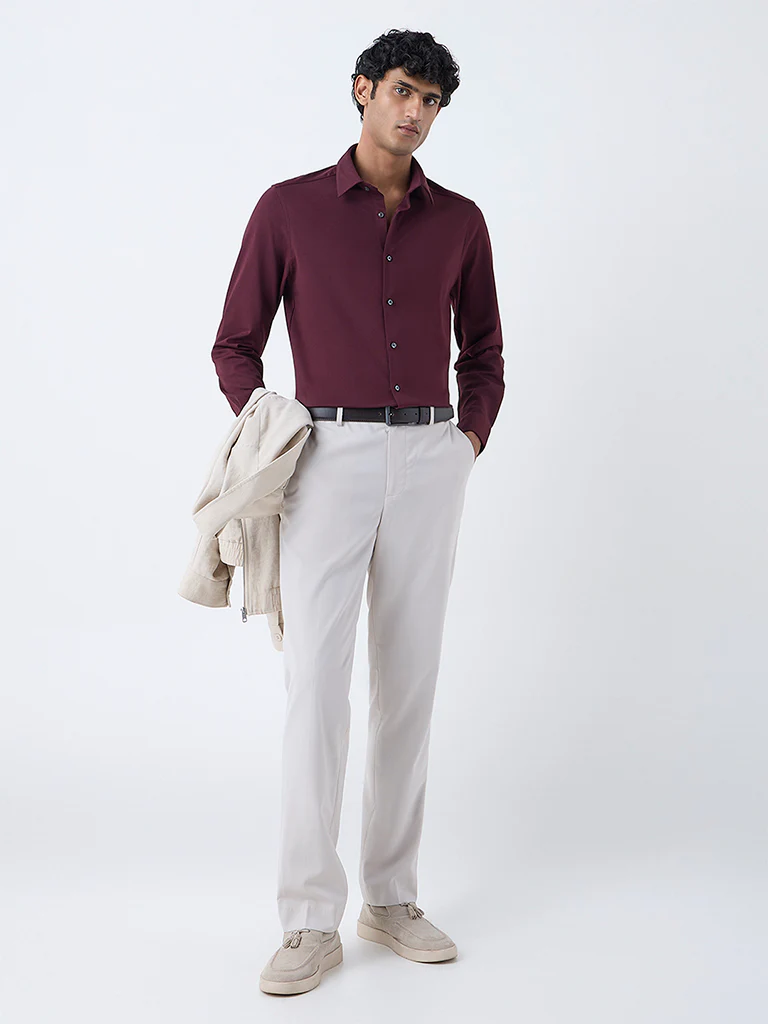 WES Formals Wine Slim-Fit Cotton-Blend Shirt - Image 3