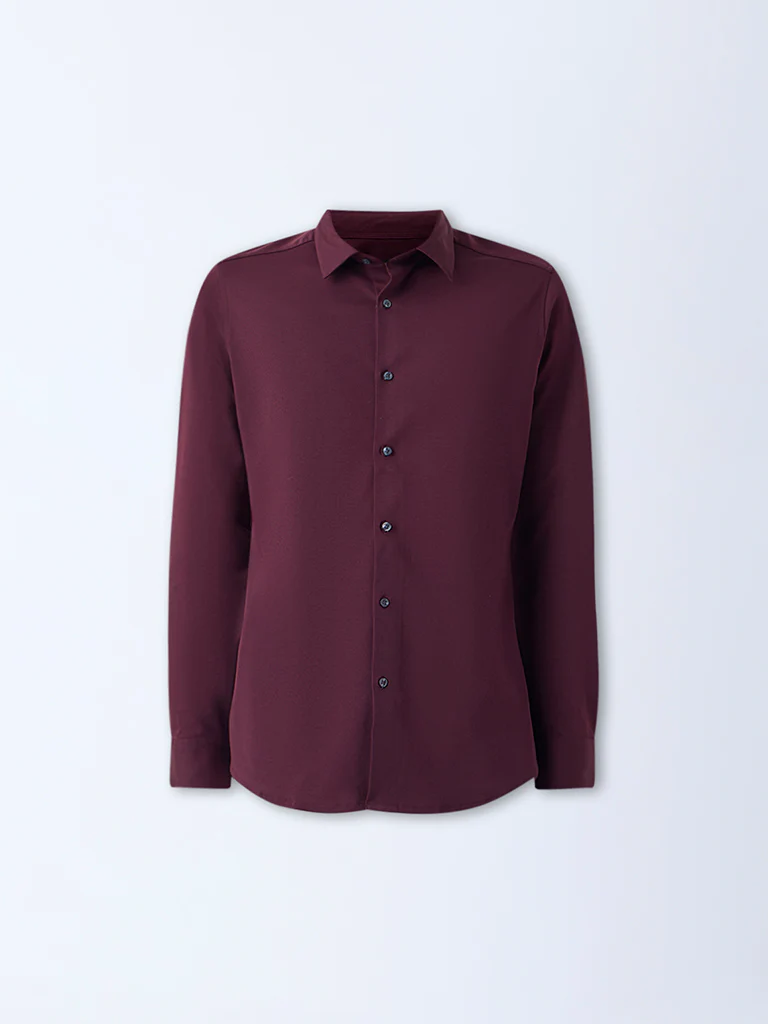 WES Formals Wine Slim-Fit Cotton-Blend Shirt - Image 5