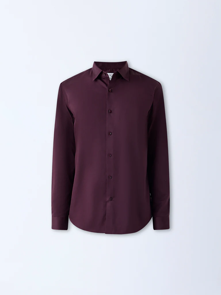 WES Formals Wine Solid Slim-Fit Cotton-Blend Shirt - Image 6