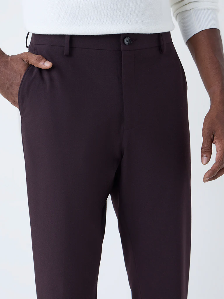 WES Formals Wine Solid Slim-Fit Mid-Rise Trousers - Image 3
