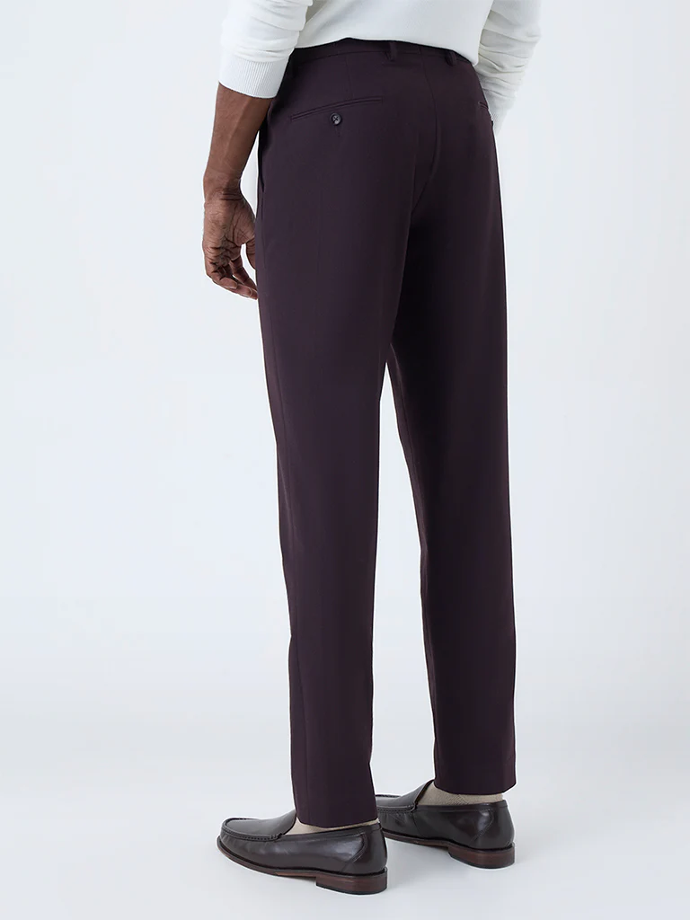 WES Formals Wine Solid Slim-Fit Mid-Rise Trousers - Image 4
