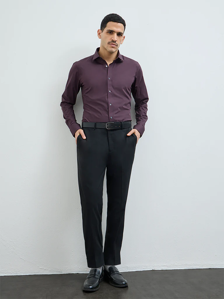 WES Formals Wine Solid Ultra Slim-Fit Cotton-Blend Shirt - Image 3