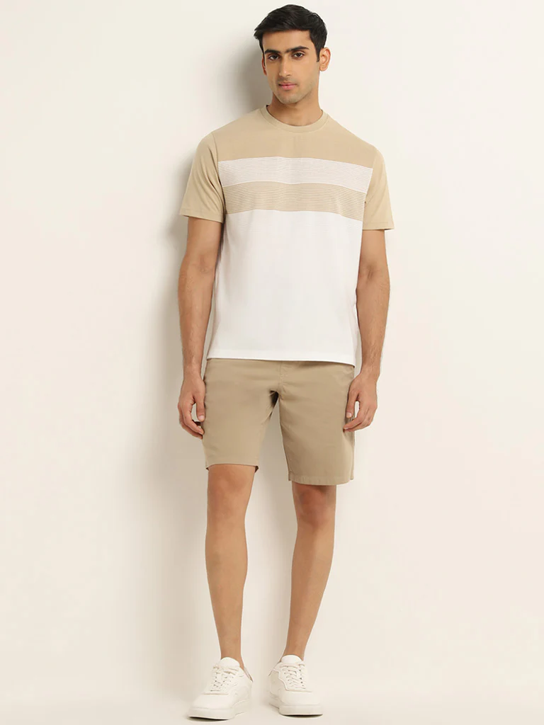 WES Lounge Beige Colour-Blocked Relaxed-Fit Cotton-Blend T-Shirt - Image 3