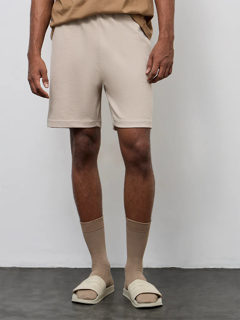 WES Lounge Beige Relaxed-Fit Mid-Rise Cotton-Blend Shorts - Image 3