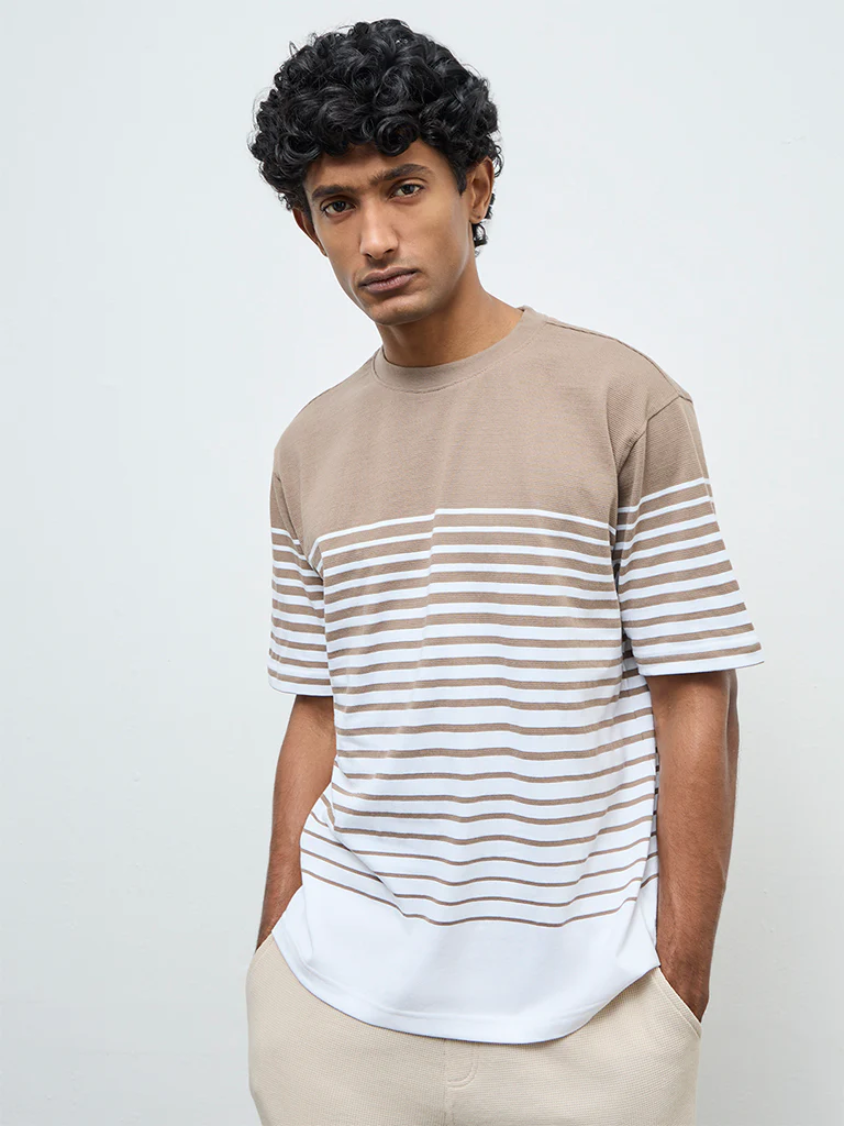 WES Lounge Beige Striped Relaxed-Fit Cotton-Blend T-Shirt