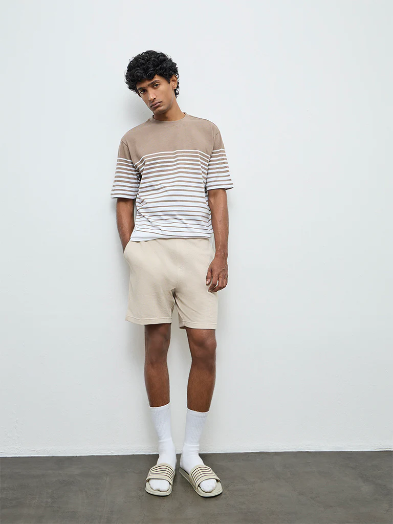 WES Lounge Beige Striped Relaxed-Fit Cotton-Blend T-Shirt - Image 2