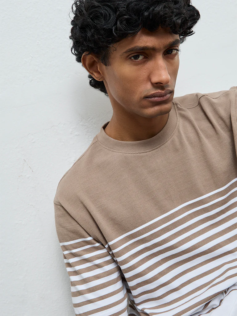 WES Lounge Beige Striped Relaxed-Fit Cotton-Blend T-Shirt - Image 3