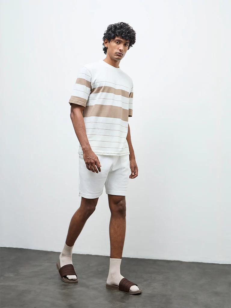 WES Lounge Beige Striped Relaxed-Fit Cotton T-Shirt - Image 2
