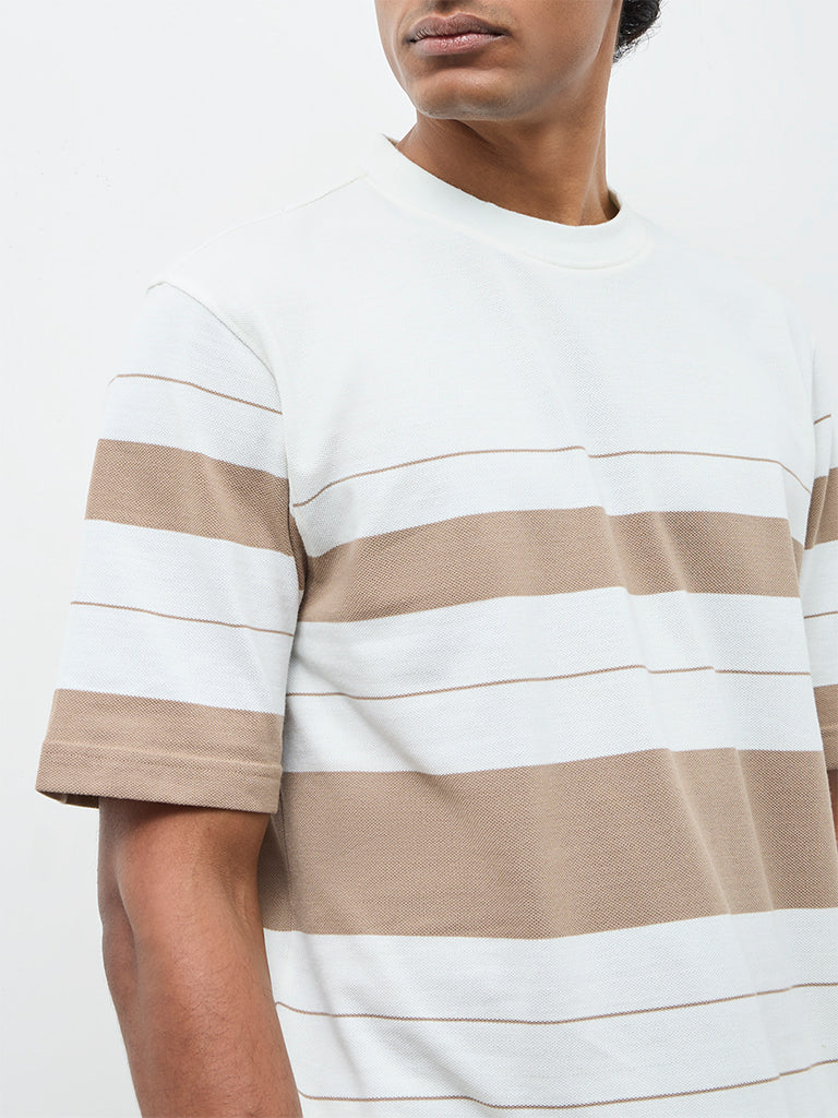 WES Lounge Beige Striped Relaxed-Fit Cotton T-Shirt - Image 3
