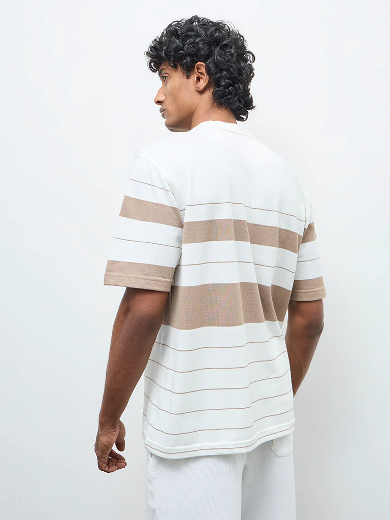 WES Lounge Beige Striped Relaxed-Fit Cotton T-Shirt - Image 4