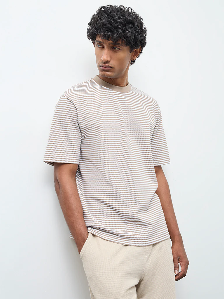 WES Lounge Beige Striped Relaxed-Fit Cotton T-Shirt