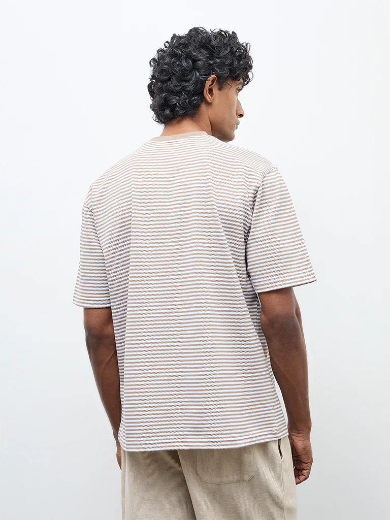 WES Lounge Beige Striped Relaxed-Fit Cotton T-Shirt - Image 4