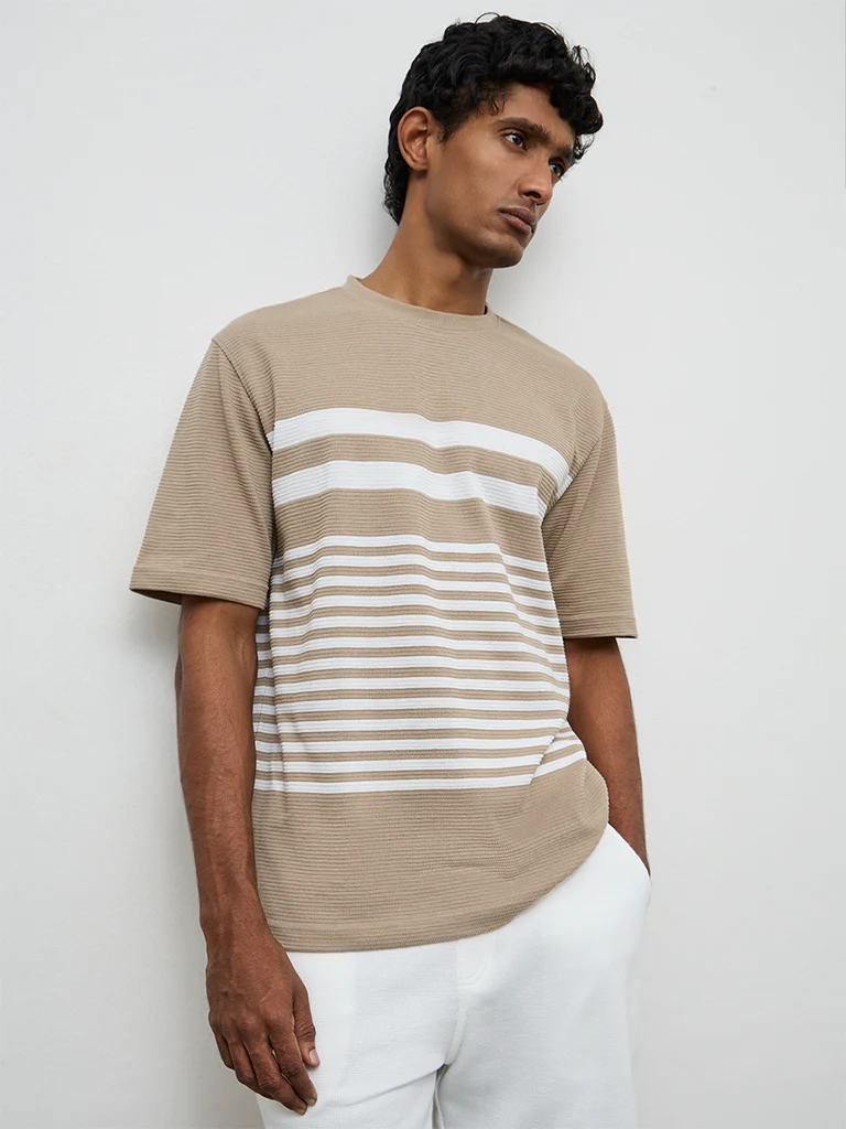 WES Lounge Beige Striped Relaxed-Fit Cotton T-Shirt - Image 2
