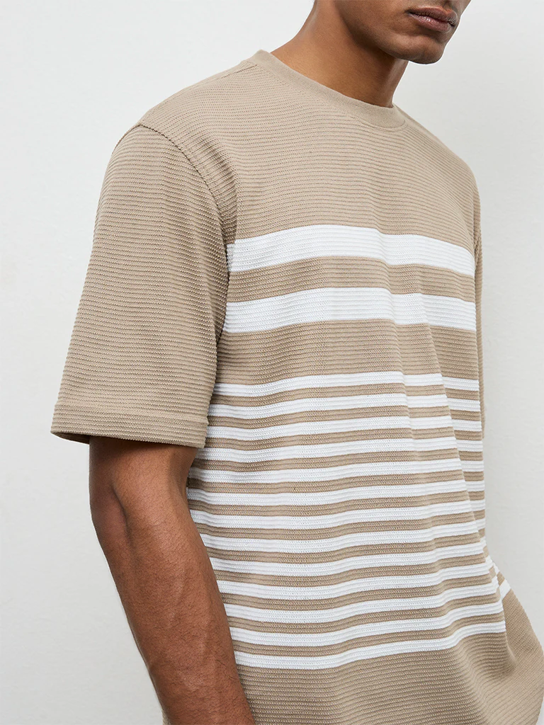 WES Lounge Beige Striped Relaxed-Fit Cotton T-Shirt - Image 3