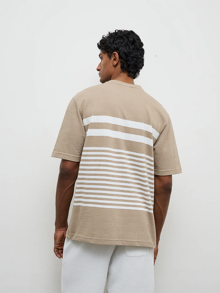 WES Lounge Beige Striped Relaxed-Fit Cotton T-Shirt - Image 4