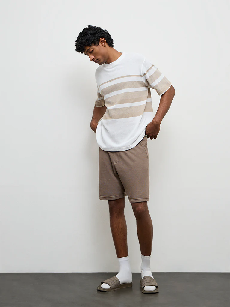 WES Lounge Beige Striped Relaxed-Fit Cotton T-Shirt - Image 2
