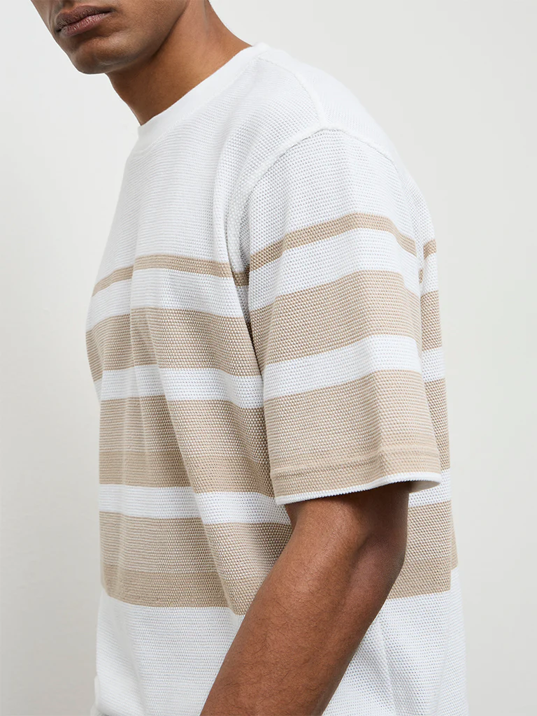 WES Lounge Beige Striped Relaxed-Fit Cotton T-Shirt - Image 3